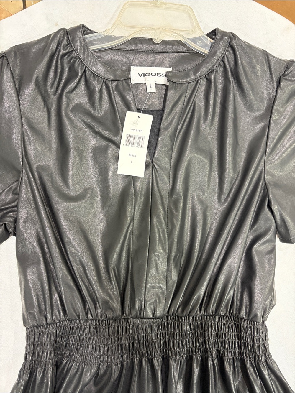 Vigoss Black Faux Leather Short Sleeve Smocked Waist Blouse